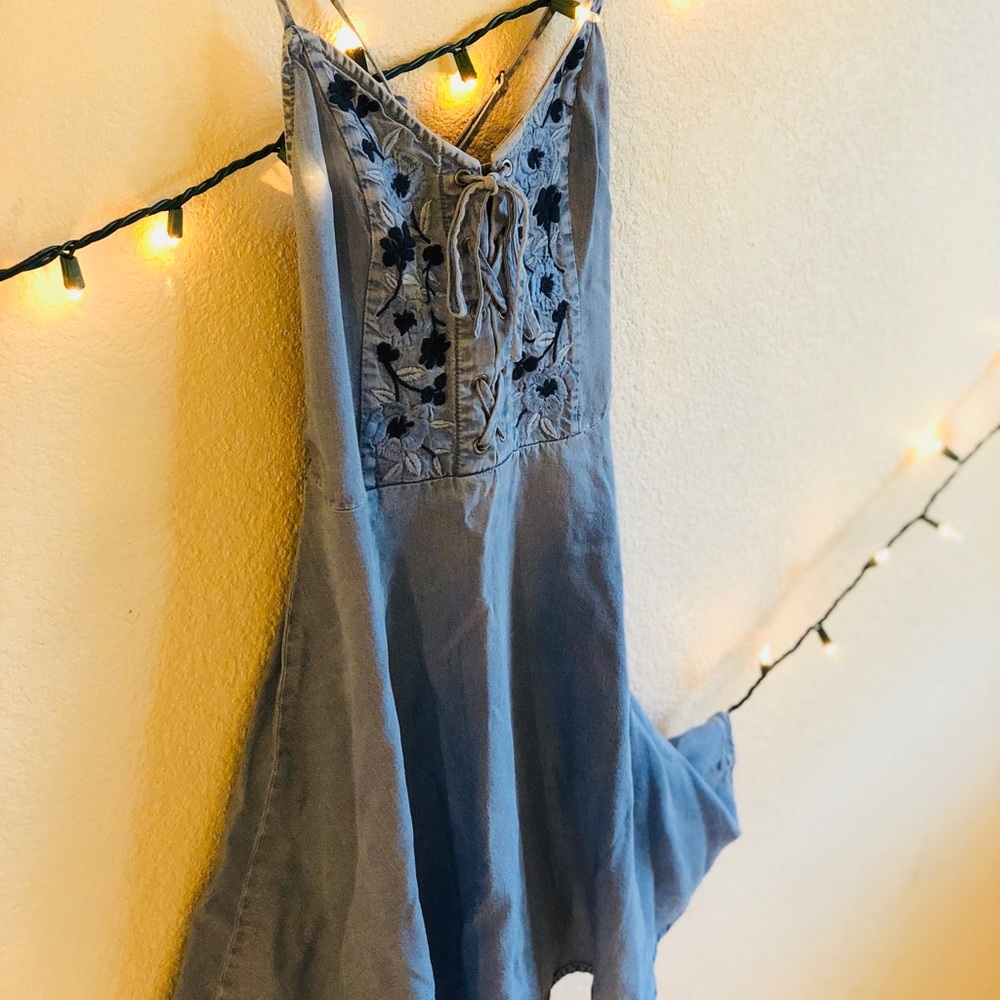 Embroidered Crossback Fit & Flare Denim Dress